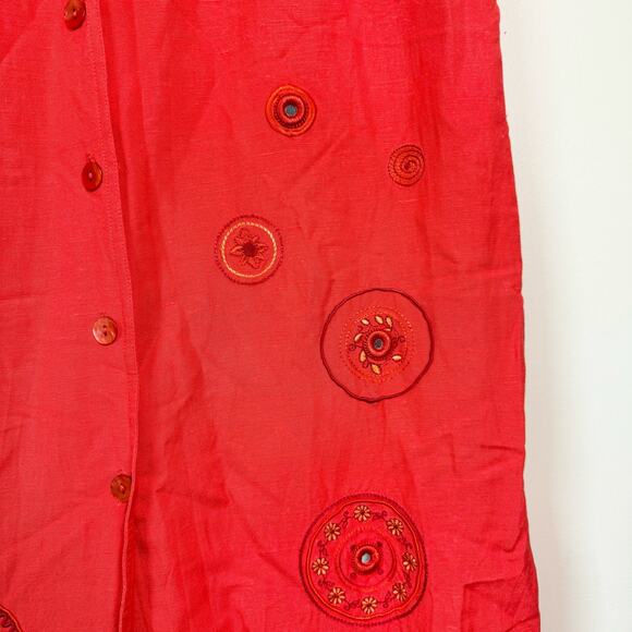 Plaza South Linen Blend Red button front midi dress embroidered mirror accent 10 - Picture 6 of 9